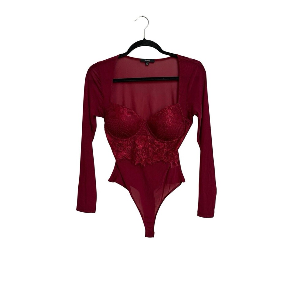 Blashe Burgundy Lace Underwire Bodysuit Small Sheer Long Sleeve Lingerie